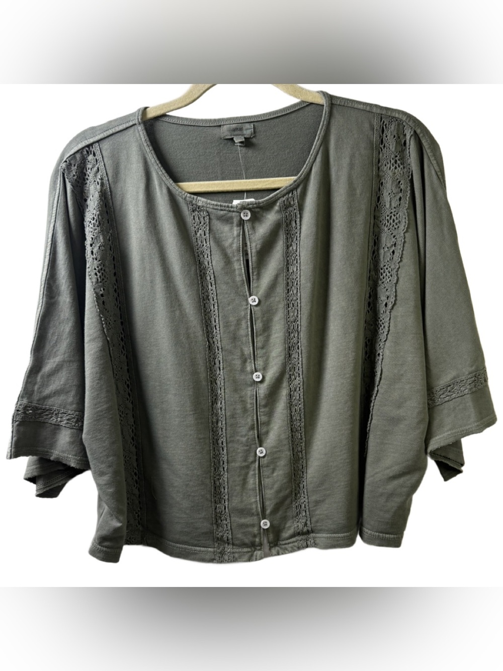 aerie Olive Green Button-Front Lace Trim Top